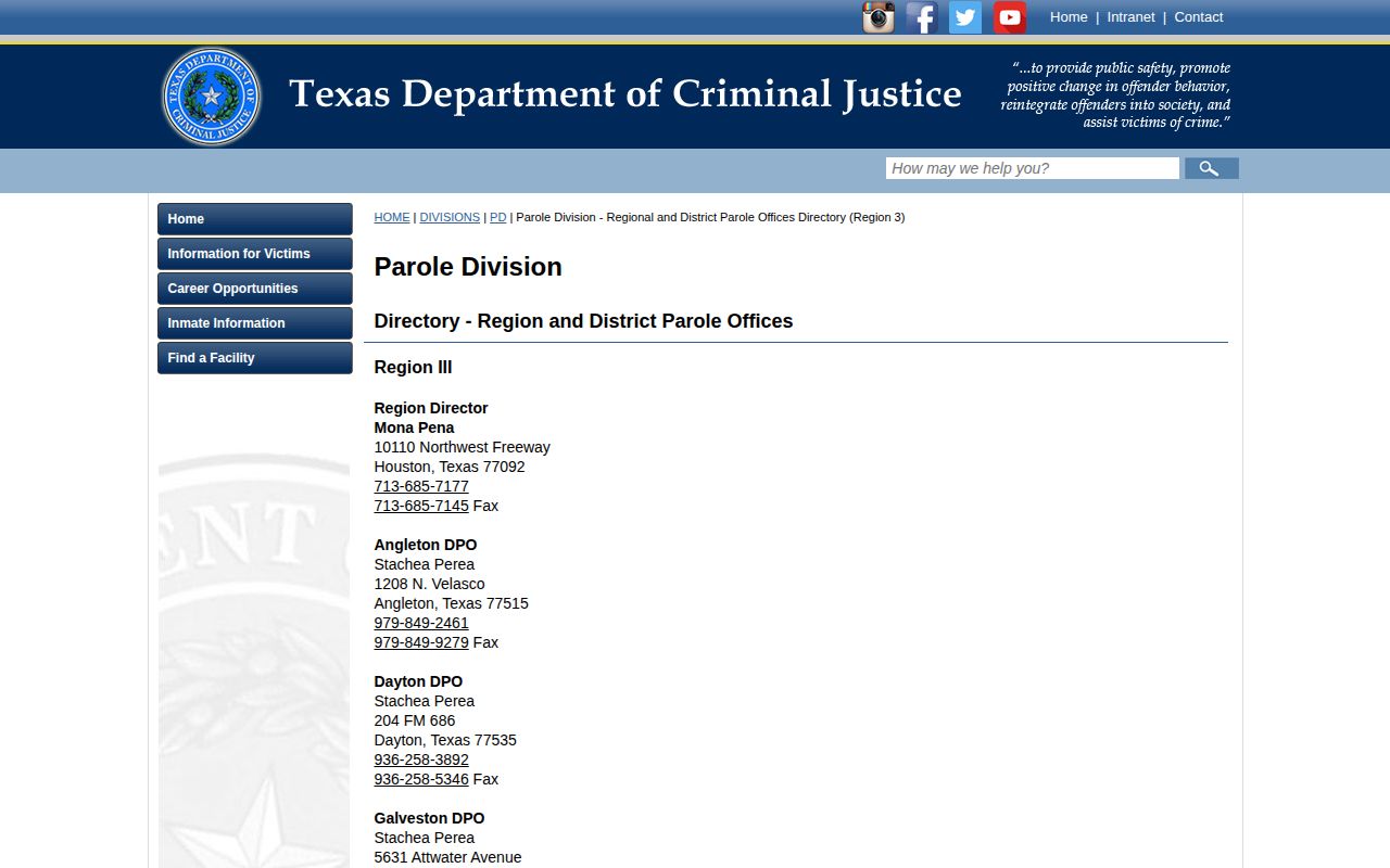 Colorado County parole supervision Rosenberg district office record