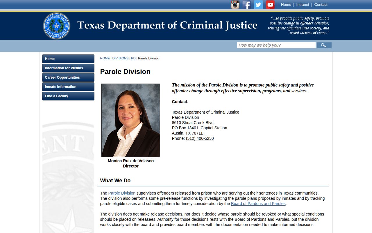 Texas Department of Criminal Justice Parole Division official page